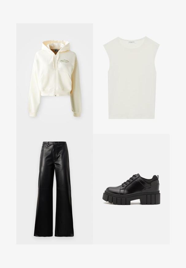 Kratka zip-up kapuca iz kremaste tkanine s mekim teksturo. Ima kapuco, sprednje žepe in diskretno zeleno vezenje z napisom "New Balance Athletics."; Bela brezrokavnica s okroglim izrezom. Narejena iz gladkega materiala, ima sproščen kroj in minimalističen dizajn. Brez vzorcev ali okrasnih elementov.; Črne široke hlače iz umetnega usnja z visokim pasom, sprednjim gumbom, zadrgo, zanke za pas in stranskimi žepi na beli podlagi.; Črne usnjene platforme z debelim blokastim petam, okroglo konico in klasičnim vezanjem. Imajo gladko teksturo in minimalne podrobnosti.