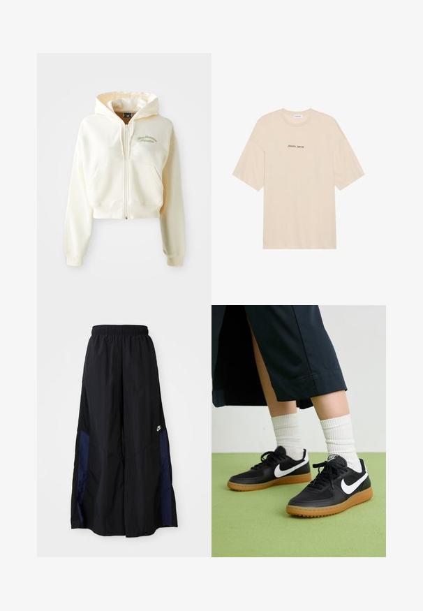 Hoodie cropped com fecho em tecido creme de textura suave. Possui capuz, bolsos frontais e uma bordadura discreta em verde com a inscrição "New Balance Athletics."; Camiseta de algodão bege com um corte descontraído, apresentando mangas curtas e um decote arredondado. "Positive Sincere" impresso em preto na frente.; Calças largas pretas feitas de tecido leve, com um painel lateral azul-marinho e cintura elástica. Pequeno logótipo branco na parte inferior.; Sapatilhas pretas em couro e sintético com o logo da Nike em branco, sola de borracha tipo goma, bico redondo e atacadores pretos. Meias brancas com frunces visíveis.