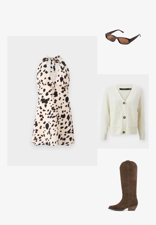 Cardigan crema Vero Moda con scollatura a V, tre bottoni, tessuto testurizzato e due tasche frontali con bordo a costine sui polsini e sull'orlo.; Abito halterneck in beige chiaro con motivo a pois neri; presenta un cordoncino in vita per una vestibilità regolabile.; Stivali al ginocchio in suede marrone con punta appuntita, tacco angolato e cima arrotondata. Presentano un dettaglio di cucitura sul lato e una texture sottile.; Occhiali da sole tartarugati marroni con lenti rettangolari, profilo snello e bracci curvi. Le lenti hanno una tinta marrone, la montatura è in plastica.
