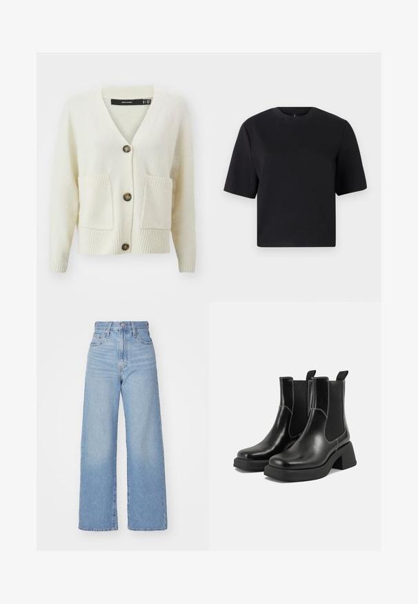 Cárdigan crema de Vero Moda con escote en V, tres botones, tejido texturizado y dos bolsillos frontales con ribetes en los puños y el dobladillo.; Camiseta negra de manga corta, con cuello redondo, hecha de una suave tela de algodón; corte relajado, diseño minimalista, sin patrones ni acentos visibles.; Jeans de tiro alto y pernera ancha en azul claro, con cierre frontal de botón y cremallera, y bolsillos delantero y trasero, sobre un fondo blanco.; Botas Chelsea de cuero negro con tacón grueso, paneles laterales elásticos y costuras en blanco que contrastan. Acabado texturizado.