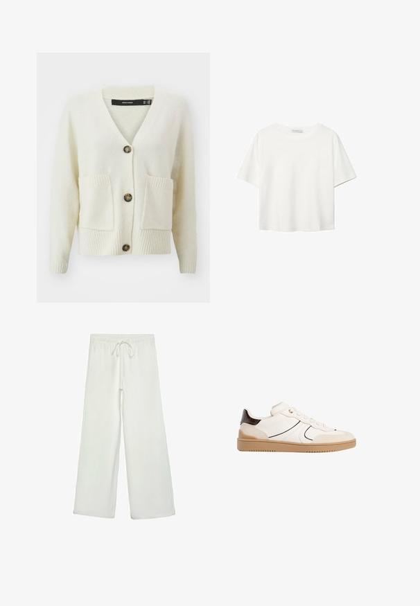 Vero Moda krem kardigan s V-izrezom, tri gumba, teksturiranom tkaninom i dva prednja džepa s rebrastim obrubom na rukavima i donjem rubu.; Bijela majica kratkih rukava od pamuka. Ima okrugli izrez i opušteni kroj. Glatka tekstura bez vidljivih uzoraka ili naglasaka.; Bijele hlače širokog kroja od mekog materijala. Imaju elastični pojas s vezicom i glatku teksturu. Nema vidljivih uzoraka ili metalnih dijelova.; Stradivarius Tenisice - white