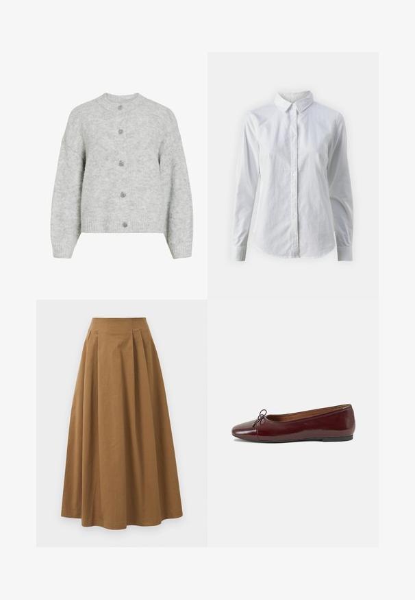 Graue Strickjacke mit rundem Halsausschnitt, die in einem cropped Design gehalten ist und fünf dekorative Knöpfe hat. Weicher Stoff mit einem dezenten Muster.; Weißes Hemd mit Knöpfen, aus glattem Baumwollstoff, mit klassischem Kragen, langen Ärmeln und abgerundetem Saum. Die Knöpfe sind klein und weiß.; Brauner Baumwoll-A-Linien-Rock mit hoher Taille, der vorne Falten aufweist und eine glatte Textur hat. Der Saum ist sauber und einfach verarbeitet.; Burgunderfarbenes, lackiertes Ballettschuh mit abgerundetem Zehenbereich, kleiner Schleifenakzent vorne und einer niedrigen, schwarzen Gummisohle. Glatte Textur.