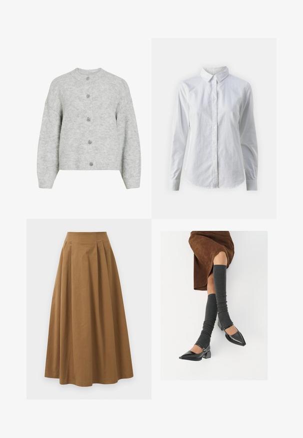Šedý pletený cardigan s kulatým výstřihem, který má zkrácený střih a pět dekorativních knoflíků. Měkká textura s jemným vzorem.; Bílá košile na knoflíky vyrobená z hladké bavlny, s klasickým límcem, dlouhými rukávy a zakřiveným spodním lemem. Knoflíky jsou malé a bílé.; Hnědá bavlněná sukně ve stylu A s vysokým pasem, se sklady na přední straně a hladkou texturou. Lemování je čisté a jednoduché.; Černé lakované boty s špičatou špičkou, blokovým podpatkem a kotníkovým páskem, spárované s šedými žebrovanými návleky na nohy a hnědskou sukní z semiše.