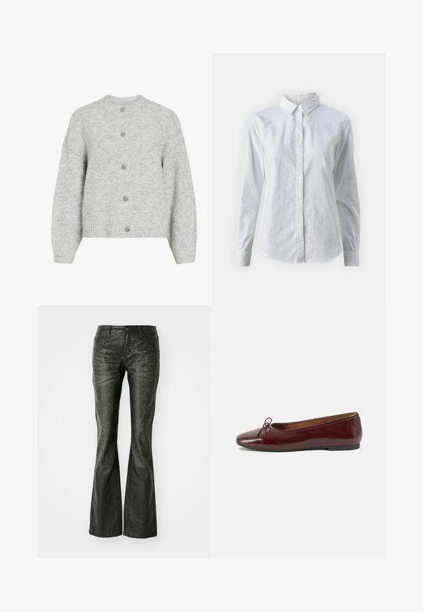 Šedý pletený cardigan s kulatým výstřihem, který má zkrácený střih a pět dekorativních knoflíků. Měkká textura s jemným vzorem.; Bílá košile na knoflíky vyrobená z hladké bavlny, s klasickým límcem, dlouhými rukávy a zakřiveným spodním lemem. Knoflíky jsou malé a bílé.; Černé kožené zvonové džíny s předními kapsami, kovovým zapínáním a mírně texturovaným povrchem. Rovný střih s dlouhým zakončením.; Burgundské lakové baleríny s kulatou špičkou, malou mašlí vpředu a nízkou černou gumovou podrážkou. Hladký povrch.