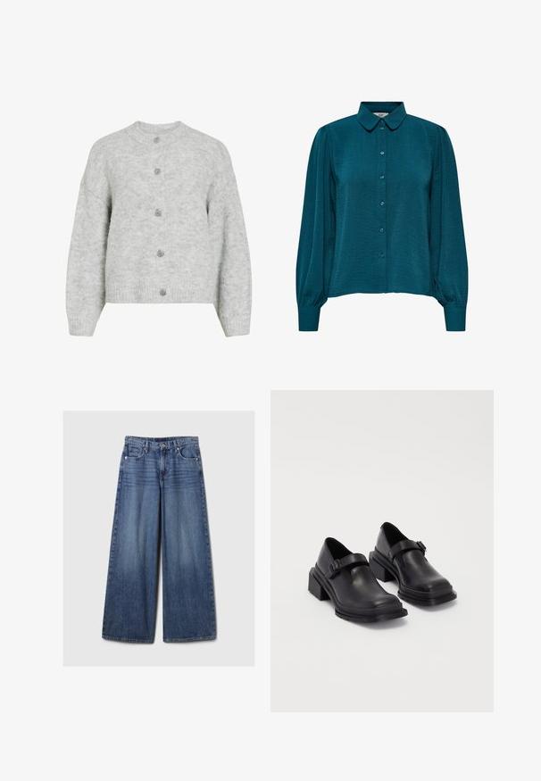 Cardigan gri tricotat cu decolteu rotund, având un design scurt și cinci butoane decorative. Textură moale cu un model subtil.; Bluză teal cu guler, închidere cu nasturi și mâneci lungi. Fabricată dintr-un material texturat, cu manșete plisate.; Blugi din denim albastru cu picioare largi, având un finisaj uzat, cu închidere prin buton și fermoar, cinci buzunare și curea.; Pantofi din piele neagră cu vârf rotunjit, talpă plată și o curea cu detaliu de cataramă. Toc gros pentru o stabilitate suplimentară.