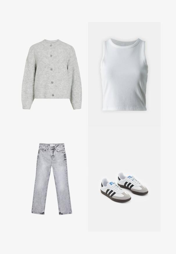 Szary sweter robiony na drutach z okrągłym dekoltem, posiadający skrócony krój i pięć ozdobnych guzików. Miękka faktura z subtelnym wzorem.; Biała, prążkowana koszulka na ramiączkach z okrągłym dekoltem i bez rękawów, z prostym dołem i gładką, elastyczną teksturą.; Szare dżinsy o prostym kroju nogawki, z przetarciami, pięcioma kieszeniami i miedzianymi nitami. Pasek w talii posiada metkę z logo.; Buty sportowe z białą skórzaną cholewką, szarym zamszowym noskiem i trzema czarnymi paskami. Posiadają niebieskie logo na języku oraz teksturowaną gumową podeszwę.