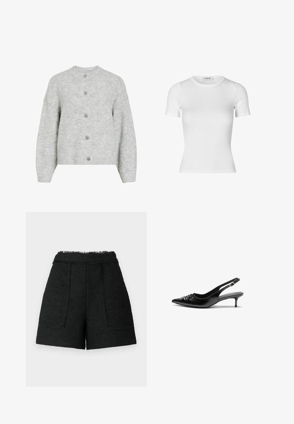 Pilkas megztas kardiganas su apvaliu iškirpimu, turintis trumpą dizainą ir penkis dekoratyvinius mygtukus. Minkšta tekstūra su subtiliu raštu.; Balta trumpa rankovėmis marškinėliai, pagaminti išリbrebės medvilnės audinio. Paruošta išvaizda su apvaliu iškirpimu ir lygiu paviršiumi. Be raštų ar puošmenų.; Juodi šortai, pagaminti iš tekstūruotos medžiagos, su suplėšytu kraštu, turintys dvi priekines kišenes ir pritaikytą siluetą.; Juodos odinės slingback aukštakulniai su smailiu nosiu, mažais katės kulnais ir dekoratyvine mazgo detale priekyje. Visas paviršius lygus.