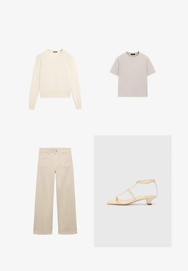Cardigan lavorato a maglia di colore crema con scollo a V, maniche lunghe e chiusura frontale con bottoni. Tessuto morbido e dettagli a coste sui polsini e sull'orlo.; T-shirt in cotone grigio chiaro con maniche corte, scollo rotondo e vestibilità rilassata. Presenta cuciture minime e nessun motivo o dettaglio visibile.; Pantaloni beige a gamba larga in cotone. Presentano una chiusura con zip, un bottone frontale e due tasche applicate sul retro. Orlo pulito senza decorazioni.; Sandali con tacco color beige, design a T-strap, punta quadrata, cinturino alla caviglia regolabile e tacco basso a blocco. Materiale in pelle liscia.
