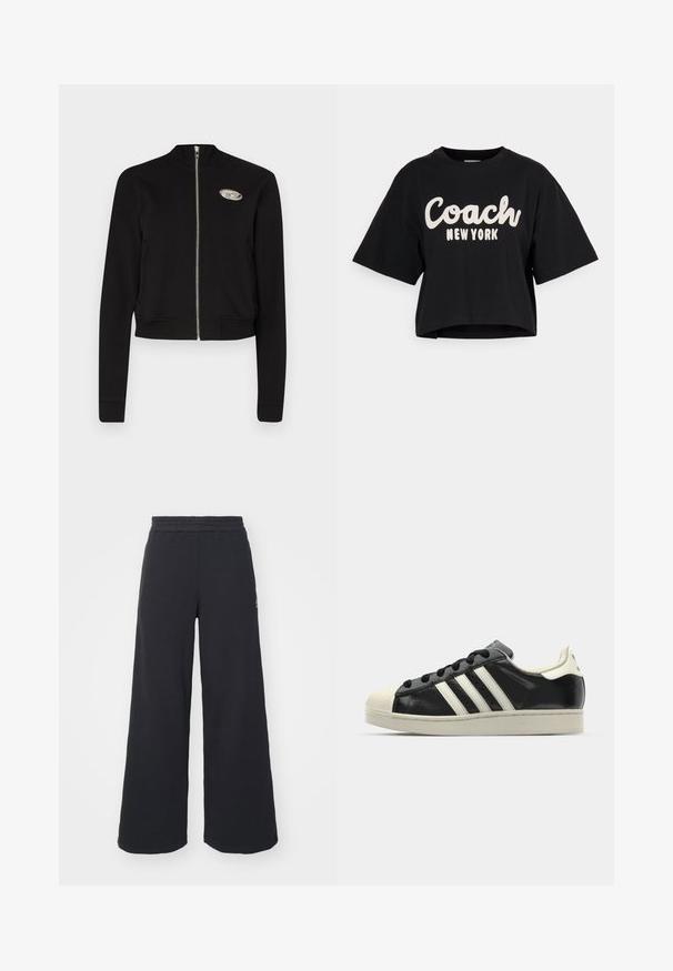 Black cropped zip-up jacket made of soft fabric. Features a high collar, ribbed cuffs and waistband, with a silver hardware logo on the chest.; Black cropped t-shirt made of cotton, featuring large white "Coach New York" text on the front and short sleeves. Smooth texture.; Black wide-leg sweatpants made from soft fabric, featuring an elastic waistband and a small logo on the left side.; Black leather sneaker with white stripes, rubber toe cap, black laces, and a cream-colored outsole. Smooth texture with shiny finish.