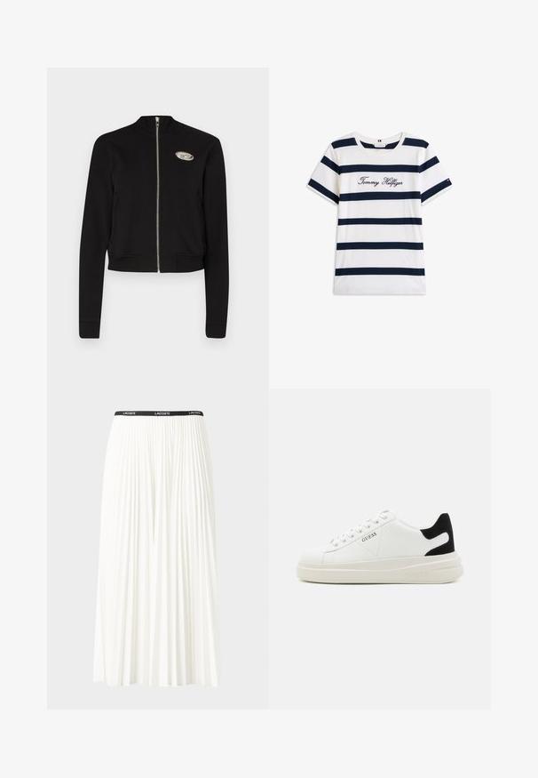 Černá zkrácená bunda na zip vyrobená z měkkého materiálu. Má vysoký límec, žebrované manžety a pas a na hrudi je vyvedeno logo z kovu ve stříbrné barvě.; Bavlněné tričko s horizontálními námořnickými pruhy na bílém pozadí. Na hrudi je výšivka "Tommy Hilfiger" v kurzívě. Kulatý výstřih.; Záhybová bílá sukně s černým elastickým pasem s logem "LACOSTE". Suška je střední délky a má jemnou texturu.; Bílé kožené tenisky s tlustou bílou podrážkou, černým semišovým akcentem na patě a vyraženým logem na boku. Šněrovací design se šesti očka.
