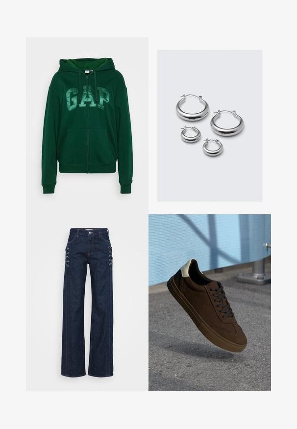 Grønn hettegenser med GAP-logo i lysere grønn, full glidelås, store frontlommer og snorhette. Laget av myk, teksturert stoff.; Hvit av-shoulder topp med volanger, samlet tekstur og elastisk midje. Laget av myk bomull.; Mørkeblå denim vid ben jeans med snøring på sidene, kontrasterende oransje sømmer og en klassisk fem-lomme design.; Brune semskede lavtoppsneakers med sorte snorer, har en hvit hælhette og teksturerte sømdetaljer. Gummisåle.; Fire par med sølv hoops i forskjellige størrelser: store glatte sirkler og mindre avrundede stiler med en polert finish og enkle låser.