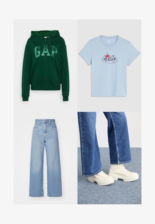 Sweatshirt verde com o logótipo GAP em verde mais claro, com fecho de correr completo, grandes bolsos frontais e capuz com cordão. Feito de tecido macio e texturado.; T-shirt azul claro da Levi's com uma ilustração de uma cereja vermelha, pequenas flores e nuvens à volta do nome da marca em letras brancas.; Jeans de cintura alta e perna larga em azul claro, com fecho frontal de botão e zíper, bolsos frontais e traseiros, sobre um fundo branco.; Ténis brancos de cano alto com solas grossas e estriadas e detalhe de logótipo circular, usados com jeans de ganga de perna larga em azul claro.