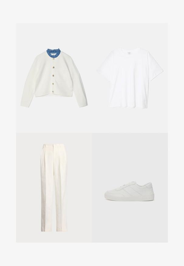 Weißer, gestrickter Cardigan mit einem blauen, gefransten Kragen, ausgestattet mit einer frontalen Tasche und goldenen Knöpfen entlang der Öffnung. Kurz geschnitten, mit langen Ärmeln.; Weißes Baumwoll-T-Shirt mit kurzen Ärmeln, runder Halslinie, lockerer Passform und genähtem Saum. Etikett sichtbar am inneren Kragen.; Polo Ralph Lauren HEMP WIDE LEG PANT - Stoffhose - nevis; Weiße Leder-Sneaker mit flachen Schnürsenkeln, abgerundetem Zehenbereich und dezenten Steppnähten. Verfügt über eine strukturierte Sohle und ein eingeprägtes Markenlogo an der Ferse.