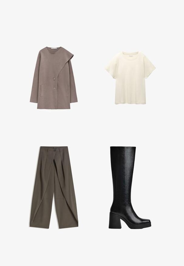 Giacca lunga color taupe con maniche lunghe e una pattina asimmetrica sul davanti, due bottoni e due tasche verticali, realizzata in tessuto morbido.; Maglietta a maniche corte beige chiaro con scollatura rotonda, realizzata in un tessuto morbido e liscio. Presenta una vestibilità comoda e un orlo dritto.; Pantaloni a gamba larga realizzati in un tessuto testurizzato grigio scuro. Presentano una piega frontale, chiusura con bottone e tasche laterali per praticità.; Stivale nero al ginocchio realizzato in materiale sintetico testurizzato, dotato di punta quadrata, tacco alto e spesso, e superficie liscia e brillante.