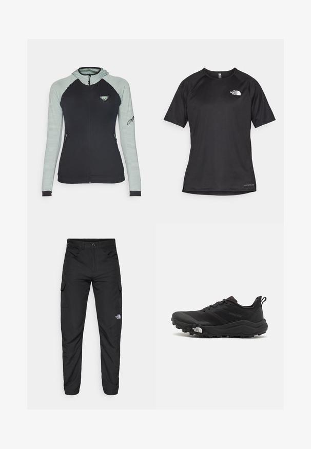 Dynafit SPEED HOODED - Sweatjakke - jade lite; Sort kortærmet træningsskjorte i tekstureret stof med et hvidt logo på venstre bryst og lige kant.; The North Face HORIZON PANT - Outdoorbukser - black; Sort trail løbesko med en struktureret overdel, gummisål og forstærket tåhætte. Har en polstret krave og en pull-tab til nem påtagning.