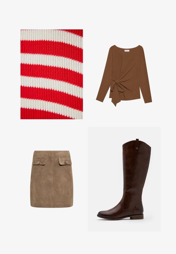 Tejido de punto a rayas rojas y blancas, con anchas rayas horizontales y una textura acanalada. Distribución uniforme de los colores en todo el tejido.; Top marrón de manga larga con un escote amplio y un detalle de nudo en un lado, hecho de una tela suave y texturizada.; Mini falda de ante marrón con una textura suave, que presenta dos bolsillos frontales con solapa y cierres de botón a cada lado. Diseño simple y recto.; Botas marrones hasta la rodilla, hechas de cuero liso, con punta redondeada, tacón bajo apilado y un sutil patrón de costura a lo largo de los lados.