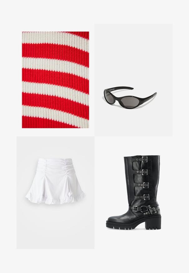 Rot-weiß gestreifter Strickstoff mit breiten horizontalen Streifen und einer gerippten Textur. Gleichmäßige Verteilung der Farben im gesamten Stoff.; Schwarzes Baumwoll-T-Shirt mit einem grafischen Druck einer geflügelten Figur auf einem Pferd vor einem Mond-Hintergrund. Enthält weißen Logo-Text.; Weißer Rock aus strukturiertem Stoff mit Raffung und gerafftem Saum. Verfügt über ein ausgestelltes Design mit einer taillierten Passform.; Schwarze Lederstiefel in knielanger Höhe mit vier silbernen Schnallenriemen, einer dicken Plateausohle und Nietenakzenten um den Knöchel.; Schwarze Sonnenbrille mit ovaler Form und dunklen Gläsern. Schlanker Kunststoffrahmen mit strukturierten Akzenten an den Bügeln. Branding an der Seite.; Schwarze Patentleder-Handtasche mit schimmerndem silbernen Kettenhenkel, mit dekorativen Riemen und Metallösen. Schlanker, geschwungener Schnitt.