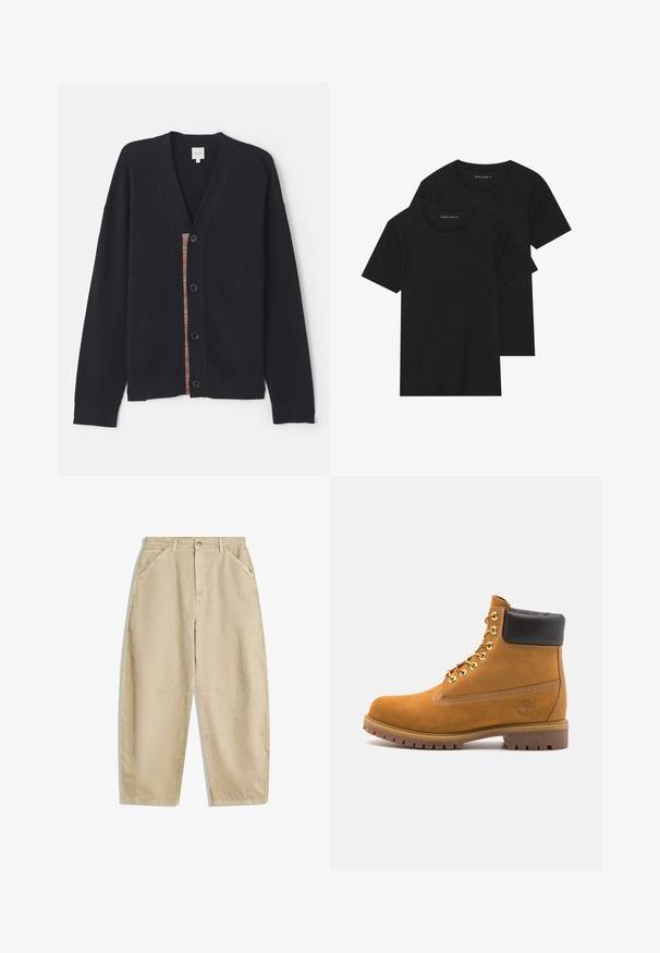 Námornícky pruhovaný kardigán s výstrihom do V, piatimi gombíkmi a farebným prúžkom pozdĺž lene. Mäkkučká textúra s dlhými rukávmi.; Dvoje čiernych bavlnených tričiek s krátkymi rukávmi, okrúhlym výstrihom a hladkou textúrou, vystavených naskladaných spolu.; Béžové nohavice s širokými nohavicami z bavlny, s vysokým pásom, prednými vreckami a zapínaním na gombík vpredu. Hladká textúra s čistými švami.; Tyrkysové semišové členkové topánky s čiernym polstrovaným golierom, zlatými kovovými očkami, bielym prešívaním a robustnou gumovou podrážkou s výraznými drážkami.