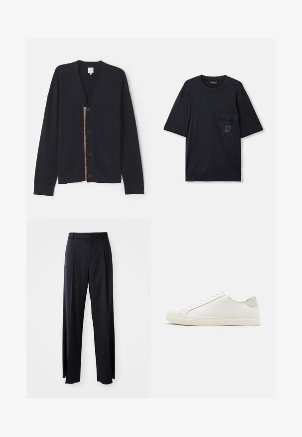 Sötétkék bordázott kardigán V-kivágással, öt gombbal és színes csíkos részlettel az elején. Puha tapintású, hosszú ujjú.; Fekete, rövid ujjú, kerek nyakú póló, bal mellen egy zsebből álló, kis téglalap alakú logóval.; Fekete, magasan ültetett nadrág, széles szárai vannak, sima anyagból készült. Elülső redők és övhurkok jellemzik. Minimalista dizájn, látható fémalkatrészek nélkül.; Fehér bőr sneaker sima felülettel, kerek orral és minimalista dizájnnal. Bézs kiemelésekkel a sarokon és gumitalppal rendelkezik.
