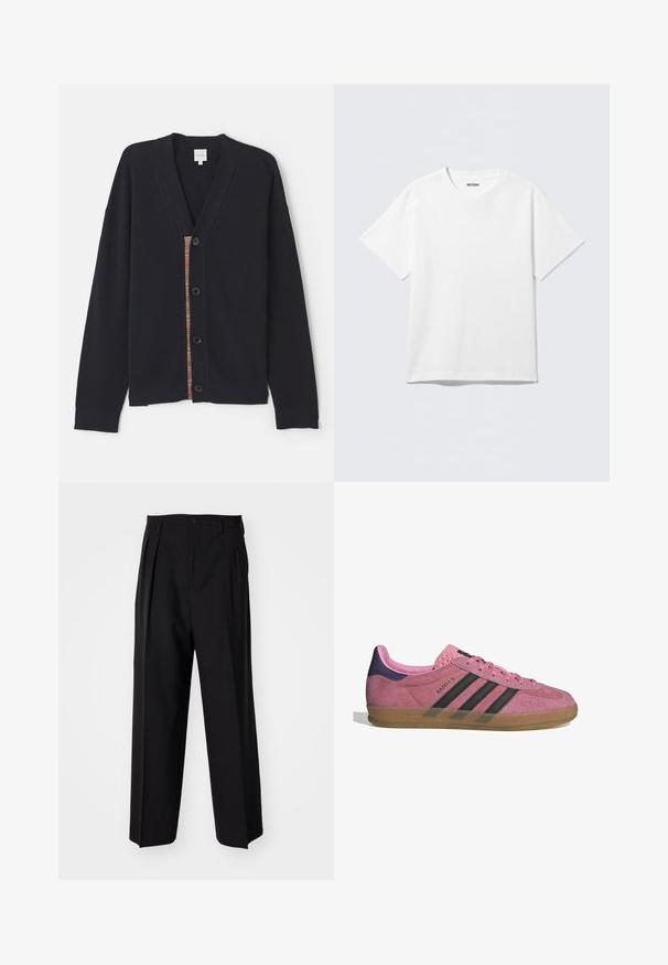 Navy ribbed cardigan featuring a V-neck, five buttons, and a colorful stripe detail along the placket. Soft texture with long sleeves.; White short-sleeve T-shirt made of cotton, featuring a crew neckline and a relaxed fit. The fabric has a smooth, even texture.; Black pleated trousers with a straight, wide-leg design. Made from smooth fabric, featuring a button closure and belt loops.; Pink suede sneaker with black stripes, gum sole, and textured purple heel. Features a lace-up design and embossed branding on the side.