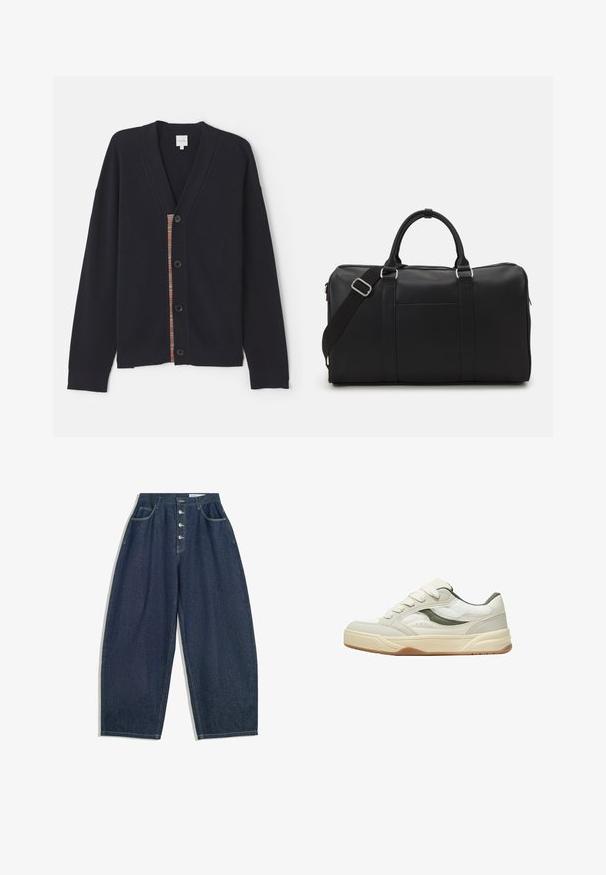 Navy ribbed cardigan featuring a V-neck, five buttons, and a colorful stripe detail along the placket. Soft texture with long sleeves.; Black knitted sleeveless cardigan with V-neck, five white buttons down the front, and two front pockets.; White cotton t-shirt with a crew neckline, short sleeves, and a relaxed fit. Features plain design without patterns or accents.; Dark blue denim wide-leg trousers with a high waist, five-button closure, and five pockets. Features stitching accents on seams.; White and gray sneaker with a textured leather upper, mesh panels, padded tongue, and a gum rubber sole. Features contrasting green accents.; Pier One UNISEX - Weekend bag - black