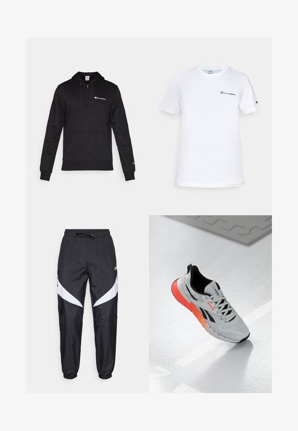 Sweatshirt preto com fecho éclair feito de algodão. Apresenta um capuz com cordão, dois bolsos frontais e um pequeno logotipo da Champion no lado esquerdo do peito.; T-shirt de algodão branco com decote redondo, mangas curtas e um logótipo "Champion" bordado a preto no peito e como detalhe na manga.; Calças de corrida pretas feitas de tecido texturizado, com cintura elástica ajustável, apresentando detalhes diagonais brancos nas laterais e punhos elásticos.; Tênis atlético branco com superior em malha, detalhes em preto e sola em degradê de laranja a rosa. Possui um design de amarração e bico arredondado.