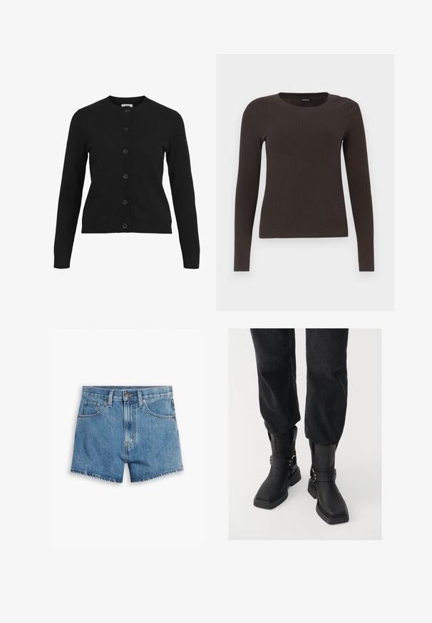 Black cardigan with a round neckline, long sleeves, and six button front closure. Made of soft knit fabric with ribbed detailing at cuffs and hem.; Brown, long-sleeve ribbed top with a crew neckline. Made from a smooth, stretchy material, featuring a fitted silhouette and minimal detailing.; Denim shorts in light blue, featuring five pockets, a zip fly, and a button closure. The hem is frayed with a relaxed fit design.; Black leather ankle boots with a square toe, featuring a wide strap and metal buckle detail. The boots have a chunky sole and smooth texture.