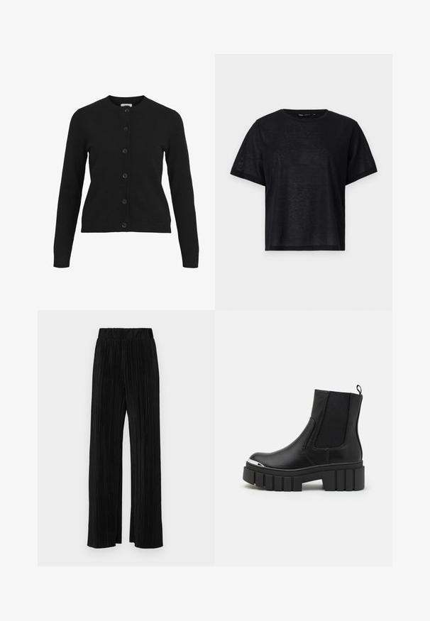 Zwarte cardigan met een ronde hals, lange mouwen en een sluiting met zes knopen aan de voorkant. Gemaakt van zachte breigoedstof met ribbelstructuur bij de manchetten en de zoom.; Zwart t-shirt met korte mouwen en een relaxte pasvorm, voorzien van een gladde textuur en een ronde hals. Lichtgewicht stof met een subtiele glans.; Zwarte geplooide broek met een elastische tailleband. Beschikt over wijde pijpen en een glad, gestructureerd stof met verticale strepen.; Zwarte enkellaarsjes van soepel leer met elastische panels, een dikke plateauzool en een metalen neuskap.