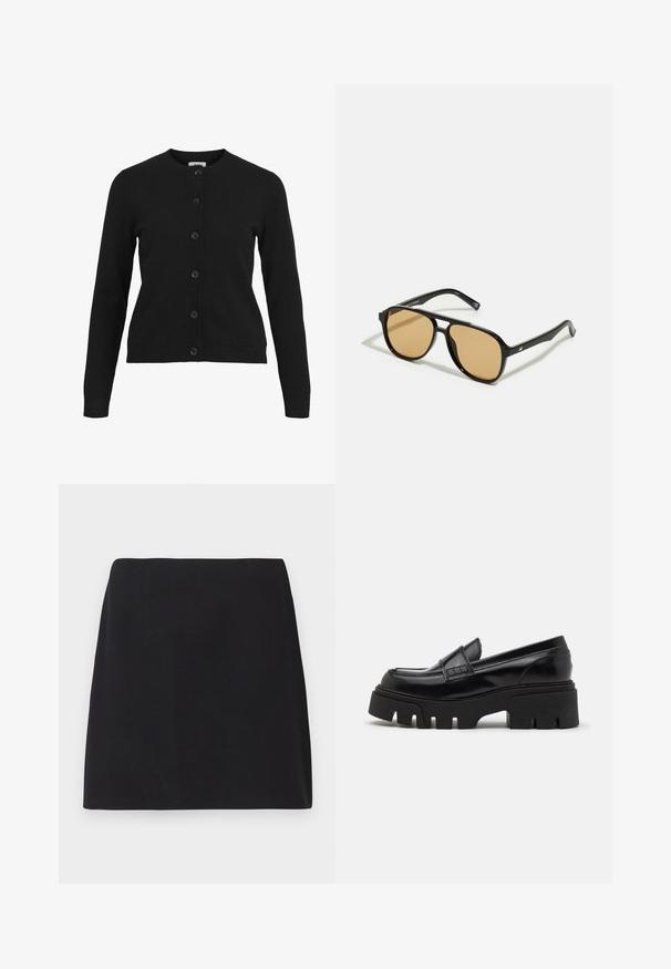 Zwarte cardigan met een ronde hals, lange mouwen en een sluiting met zes knopen aan de voorkant. Gemaakt van zachte breigoedstof met ribbelstructuur bij de manchetten en de zoom.; Zwart langetermijn shirt van ribstof. Het heeft een ronde halslijn en een aansluitend ontwerp zonder zichtbare patronen of accenten.; Zwarte mini rok, rechte snit, gladde stofstructuur, geen zichtbare patronen of versieringen, schone randen, geen metalen onderdelen. Eenvoudig ontwerp.; Zwarte leren loafers met een chunky, gestructureerde platformzool en een decoratieve strap over de bovenkant. Gladde, glanzende afwerking.; Zwarte zonnebril met bruin getinte lenzen; rechthoekige vorm met een dikke rand, inclusief subtiele hardware accenten op de veertjes.; Bruine geweven clutchesac met een gestructureerde afwerking, gouden hardware en decoratieve studs langs de randen. Voorzien van een kettingriem.