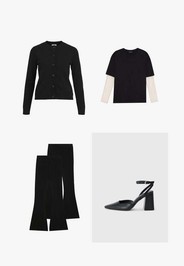 Cárdigan negro con escote redondo, mangas largas y cierre frontal de seis botones. Hecho de un suave tejido de punto con detalles acanalados en los puños y el dobladillo.; Camiseta negra de algodón, con mangas cortas sobre una capa blanca de manga larga con un patrón texturizado sutil. Diseño de escote redondeado.; Pantalones acampanados negros hechos de tela elástica, con una cintura alta y una textura suave, con un diseño ajustado que se ensancha a partir de la rodilla.; Zapato de tacón puntiagudo de cuero negro con tira en el tobillo y tacón ancho. Textura plana, diseño elegante y estética minimalista.