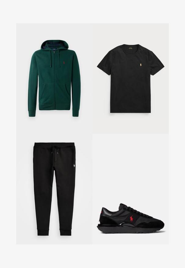 Sweatshirt verde com fecho, feito de material suave, com um fecho central, dois bolsos frontais, punhos canelados e um logótipo vermelho no peito.; T-shirt preto de manga curta feito de algodão com decote redondo, apresentando um pequeno logo dourado de polo na área do lado esquerdo do peito.; Calças de ganga pretas feitas de tecido macio, com uma cintura ajustável por cordão, punhos ajustados e um pequeno logótipo branco na perna esquerda.; Sapatilhas desportivas pretas com uma combinação de materiais em camurça e têxtil. Destaca-se um logotipo vermelho e uma sola exterior em borracha texturizada.