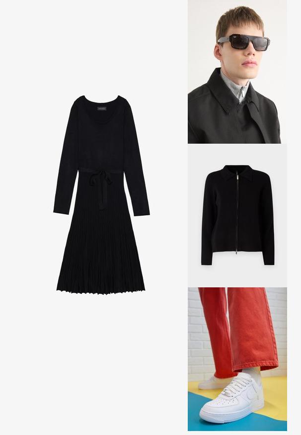 ONLY ONLBARIA ZIP - Cardigan - black; Abito nero con maniche lunghe, scollatura a barchetta e vita con cintura. Presenta una texture a coste e una gonna fluida e plissettata.; Sneaker bianco in pelle con punta perforata, suola testurizzata e lacci bianchi, abbinati a pantaloni rossi larghi e uno sfondo blu e giallo.; Occhiali da sole tartarugati con accenti neri e forma rettangolare. Le stanghette grigie presentano il logo del marchio. Indossati con un cappotto nero e un top grigio a collo alto.; Borsa a spalla nera realizzata in materiale liscio, con forma curvata, zip dorata e un accento con logo in rilievo dorato sul davanti.