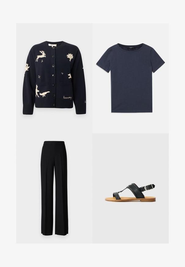 Cardigã azul marinho com motivos de vida selvagem bordados em creme, apresentando um decote redondo, fecho com botões, dois bolsos e punhos canelados.; T-shirt de manga curta azul-escuro feito de algodão macio. Apresenta um decote redondo e um design básico com corte reto.; Calças largas pretas com uma textura suave, apresentando uma cintura alta e pregas centrais. Sem padrões visíveis ou detalhes em metal.; Sandalha preta em couro com fivela ajustável, sola plana em tom de areia e duas tiras largas cruzando sobre o pé, design minimalista.