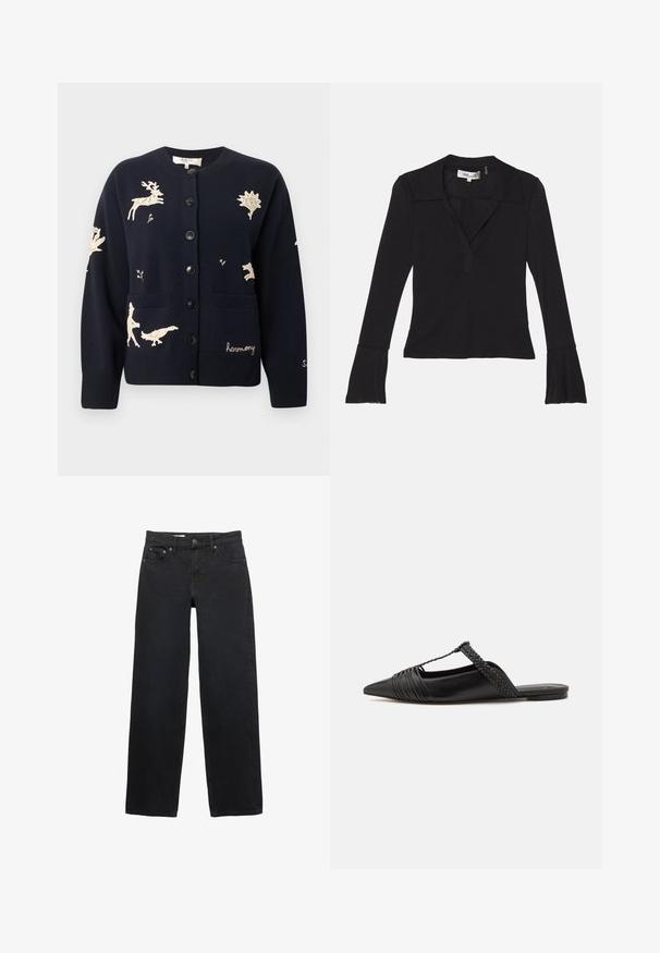 Cardigan navy con motivi di fauna ricamati in crema, dotato di scollatura rotonda, chiusura con bottoni, due tasche e polsini a coste.; Diane von Furstenberg MACKENZIE - Maglietta a manica lunga - black; Jeans neri a gamba larga realizzati in denim, con cinque tasche, chiusura a bottone, cuciture sottili e una linea diritta dalla vita all'orlo.; Scarpa slingback in pelle nera con punta appuntita, con un dettaglio intrecciato e un design superiore plissettato. Suola piatta con hardware minimale.