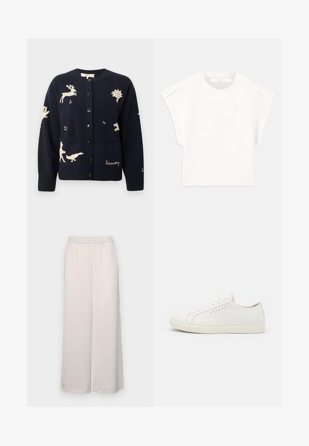 Jūras spēku kardigāns ar izšūtām savvaļas dzīvnieku motīviem krēmkrāsā, ar apaļu kakla izgriezumu, pogu aizdari, divām kabatām un ribotām piedurknēm.; Balta kaste formas T-kreklā ar īsām piedurknēm. Izgatavots no gluda auduma, ar apaļu izgriezumu un nelieliem plecu akcentiem. Vienkāršs dizains.; Gaiši bēšas platās bikses ar elastīgu jostasvietu. Gluda auduma, pilnas garuma, bez redzamām rotājumiem vai rakstiem.; Baltas ādas kedas ar gludu virsmu, apaļu purngalu, minimālām acīm un plakanu gumijas zoli. Vienkāršs dizains bez papildu akcentiem.