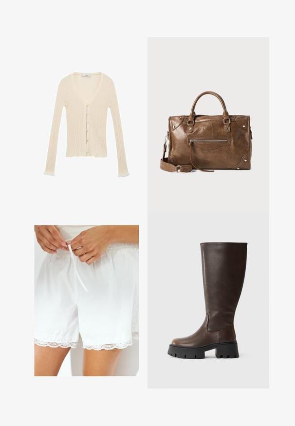 Kremna rebrasta jopica z dolgimi rokavi, V-izrezom, sprednjim gumbom in subtilnim nabranim robom na koncih rokavov. Narejena iz mehkega pletenega materiala.; Bela majica brez rokavov iz lahkotnega materiala. Ima zaobljen izrez in široke armpitove, z gladko teksturo in minimalističnim dizajnom.; Bela bombažna kratka hlače z elastičnim pasom in vrvico, z čipkastim robom za dodaten poudarek.; Rjave škornje do kolen, narejene iz gladke sintetične usnje, z debelim črnim platformastim podplatom in minimalnimi šivi za eleganten dizajn.; Rjava usnjena torbica z nastavljivim naramnicam, zgornjimi ročaji, zadrgo spredaj in kovinskimi okrasnimi elementi. Teksturna površina.