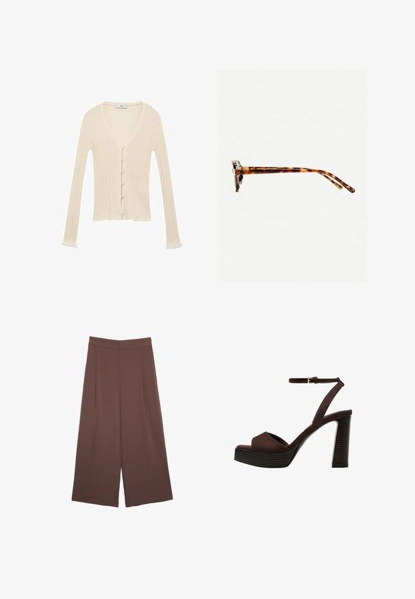 Cardigan a coste crema con maniche lunghe, scollo a V, chiusura con bottoni frontali e un delicato orlo arricciato alle estremità delle maniche. Realizzato in morbido materiale di maglina.; Top corto grigio scuro con scollatura a barca. Realizzato in tessuto a costine, presenta una vestibilità rilassata e un orlo pulito. Design semplice, senza motivi.; Pantaloni ampi marroni con una texture liscia, caratterizzati da una vita alta e pieghe frontali. Il tessuto è leggero e scorre liberamente.; Sandal in camoscio marrone con tacco alto, punta aperta, cinturino alla caviglia regolabile e suola a piattaforma striata.; Occhiali da sole tartarugati con una montatura spessa, tempie leggermente curve e superficie liscia. Presentano un design classico con una finitura lucida.