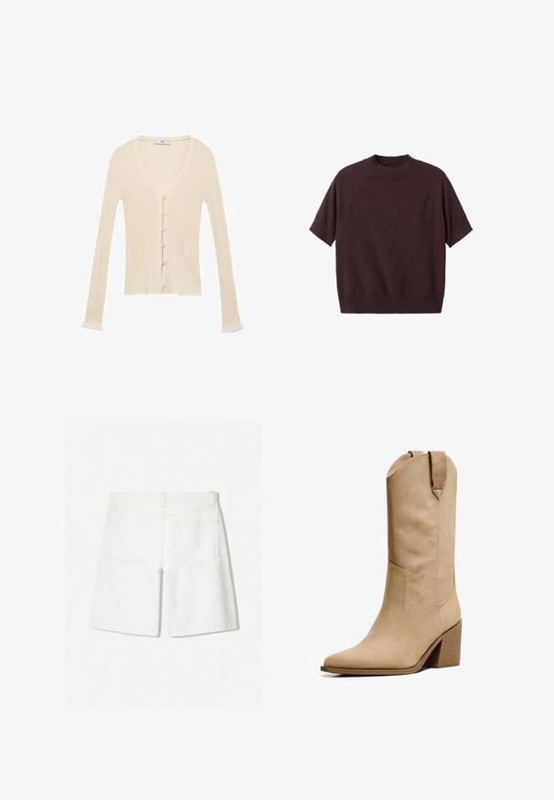 Kremowy kardigan w prążki z długimi rękawami, dekoltem w kształcie litery V, zapięciem na guziki z przodu oraz delikatnie falbaniastego wykończenia na końcach rękawów. Wykonany z miękkiego materiału dzianinowego.; Sweter z krótkim rękawem w ciemnej bordowej dziane. Posiada ribbowany okrągły dekolt oraz luźny krój, z rękawami raglanowymi i gładką teksturą.; Białe dżinsowe szorty o prostym kroju, z wysokim stanem, dwoma tylnymi kieszeniami i subtelnymi detalami przeszycia.; Bershka - Kowbojki i obuwie motocyklowe