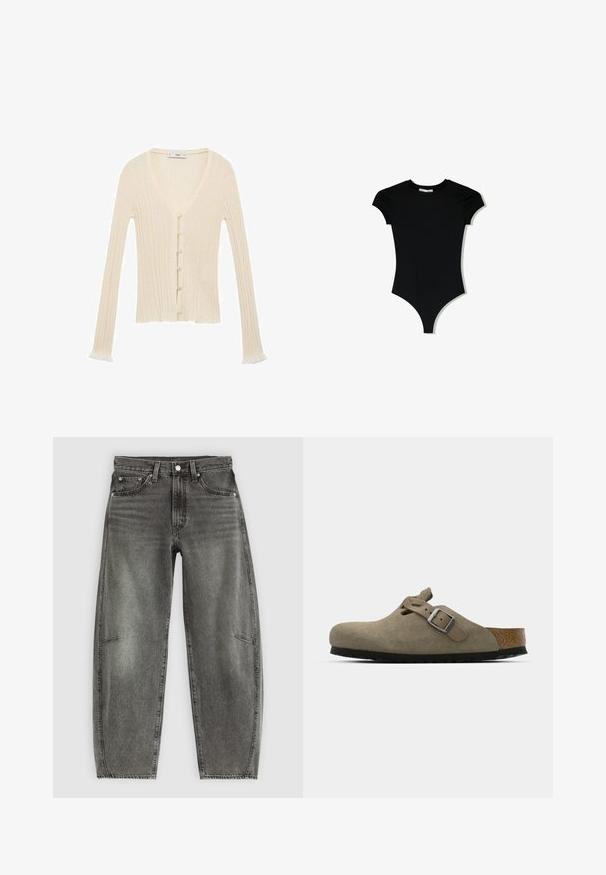 Cardigan à côtes crème avec manches longues, décolleté en V, fermeture à boutons sur le devant, et ourlet légèrement froncé aux extrémités des manches. Fabriqué en matériau tricoté doux.; Bodysuit noir à manches courtes avec un col rond et des ouvertures de jambe hautes, fabriqué à partir d'un tissu lisse et extensible.; Jeans en denim gris délavé taille haute avec cinq poches, fermeture à bouton et coupe droite relaxée.; Sabots en velours côtelé vert olive clair avec une semelle en liège et en caoutchouc moulée. Dispose d'une sangle latérale avec une boucle en métal et d'un bout arrondi.