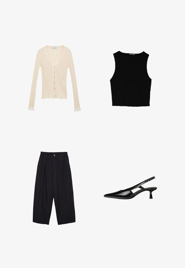 Kremna rebrasta jopica z dolgimi rokavi, V-izrezom, sprednjim gumbom in subtilnim nabranim robom na koncih rokavov. Narejena iz mehkega pletenega materiala.; Črn brez rokavov crop top, izdelan iz gladkega materiala, z okroglim izrezom in čistim, preprostim dizajnom brez vzorcev ali dodatkov.; Črne poliesterske culotte hlače z elastičnim pasom, dvema sprednjima nabiranjema in ohlapnim krojem. Brez vidnih vzorcev ali kovinskih detajlov.; Črne patentični usnjeni salonarji s slingback designom, z zašiljenim nosom, izrezanim stranskim dizajnom in majhnim kvadratnim peto. Gladka tekstura z minimalnimi detajli.