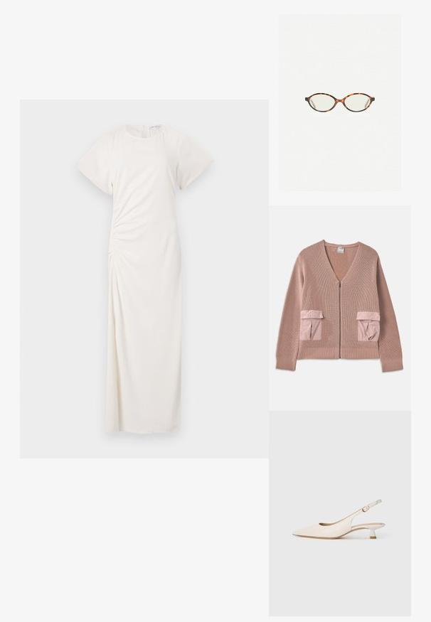 Rózsaszín kötött kardigán V kivágással, cipzáras elülső résszel és két kontrasztos anyagú rakásolt zsebbel. A bordás mandzsetták és a derék díszítik a textúrát.; Fehér ruha rövid ujjakkal, kerek dekoltázzsal és oldalsó ráncolással; sima anyag, padlóméretű sziluettel.; Krém színű, hegyes orrú, sarok nélküli cipő alacsony, kiscica sarkúval és arany csattal sima fehér háttér előtt.; Tortábar színű szemüveg ovális lencsékkel és sima, elegáns felülettel. Vékony szárakkal rendelkezik, amelyeken finom ív található a halántéknál. Átlátszó lencsék.
