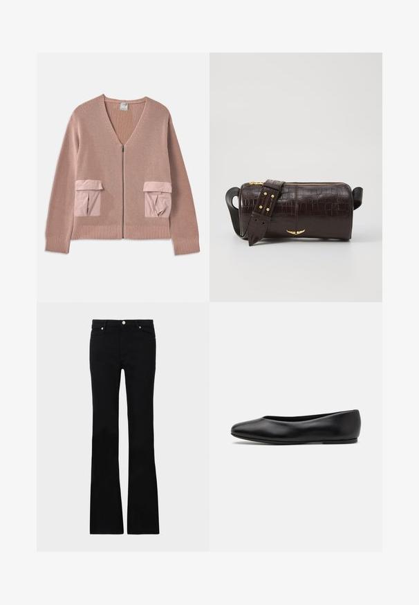 Rozā adīta kardigāna ar V-veida kaklu, rāvējslēdzēja priekšpusi un divām kabatām ar kontrastējošu audumu. Ribotās piedurknes un maliņas piešķir tekstūru.; Ilgi piedurkņu, gaiši bēšas krāsas blūze ar apaļu dekoltē. Izgatavota no mīksta auduma, ar centrālo šuvi un nedaudz izliekta apakšmala. Nav redzamu papildus elementu.; Melni flared džinsi, izgatavoti no džinsa auduma, ar divām priekšējām kabatām, pogu aizdari un gludu tekstūru. Redzamā veikala šuvju rakstība.; Paul Smith TOPANGA - Balerīnas laiviņas - black; Brūna krokodila ādas soma ar cilindrisku formu, zelta toni aparatūru un noņemamu siksnu ar studiem.