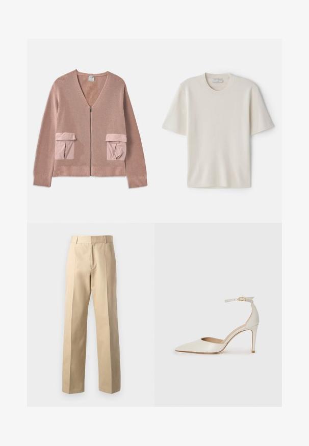 Różowy sweter z dzianiny z dekoltem w kształcie V, zamkiem z przodu i dwoma naszytymi kieszeniami w kontrastowym materiale. Żebrowane mankiety i dół podkreślają teksturę.; Kremowa koszulka z krótkim rękawem i okrągłym dekoltem, wykonana z miękkiego materiału, z prostym krojem i minimalnymi detalami.; Beżowe spodnie o dopasowanym kroju z prostymi nogawkami, charakteryzujące się gładką teksturą, centralnymi plisami z przodu oraz klasycznym pasem.; Białe skórzane szpilki z ostrym noskiem, paskiem wokół kostki i cienką szpilkową obcasem. Gładka faktura z subtelnym połyskiem.