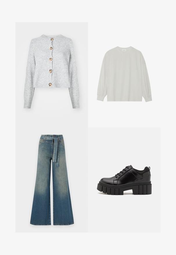 Vero Moda VMBOOM NECK BUTTON CARDIGAN - Cardigan - light grey melange; Lys grå langermet t-skjorte laget av myk bomull. Har en løs passform, rund hals og forsiktig samlet mansjetter. Ingen mønstre eller grafikk.; Bredde ben jeans med en lyseblå til mørkeblå gradient, høyt liv, beltehemper og et matchende belte i samme stoff. Teksturert denimoverflate.; Svarte lærplattformsko med kraftig blokkhell, rund tå og tradisjonell snøring. Har en jevn tekstur og minimal detaljering.