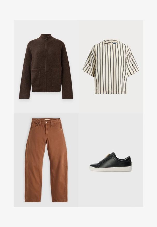 Cardigã zíper escura e felpuda de cor castanha, com gola alta, dois bolsos frontais e mangas longas, contra um fundo branco.; Top de manga curta, riscado em creme e azul marinho, com decote redondo e design boxy em tecido texturizado.; Calças de ganga retas em tom de ferrugem com bolsos frontais e traseiros, rebites metálicos, fecho de botão e passadores de cinto, dispostas em plano sobre um fundo branco.; Sapatos pretos de pele, de calçar, com uma costura elevada, detalhe em metal prateado na parte superior e uma sola de borracha branca com uma marcação em relevo.