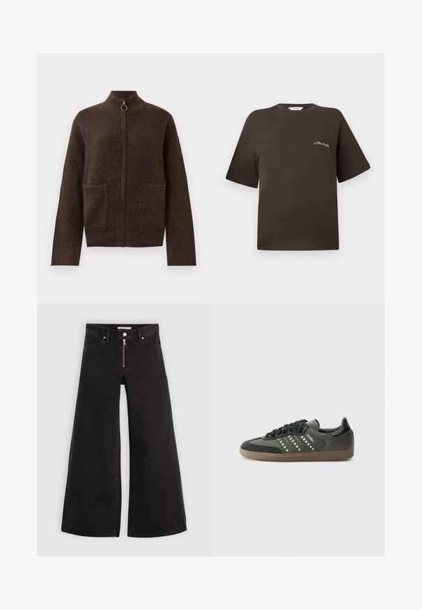 Tamsiai ruda pūkuota zip-up kardiganas su aukštu kaklu, dviem priekinių kišenėmis ir ilgomis rankovėmis prieš baltą foną.; Ruda medvilnės marškinėliai su trumpomis rankovėmis, laisva silueto forma, apvaliu iškirpimu, su nedideliu baltu siuvinėtumu kairiajame krūtinės kampe.; Plačios kojų džinsai iš juodo džinsinio audinio su užtrauktuku priekyje, penkių kišenių dizainu ir subtiliais siuvinėjimo akcentais. Lygus paviršius ir laisvalaikio stilius.; adidas Originals SAMBA OG - Sportbačiai - core black/legend earth/gum