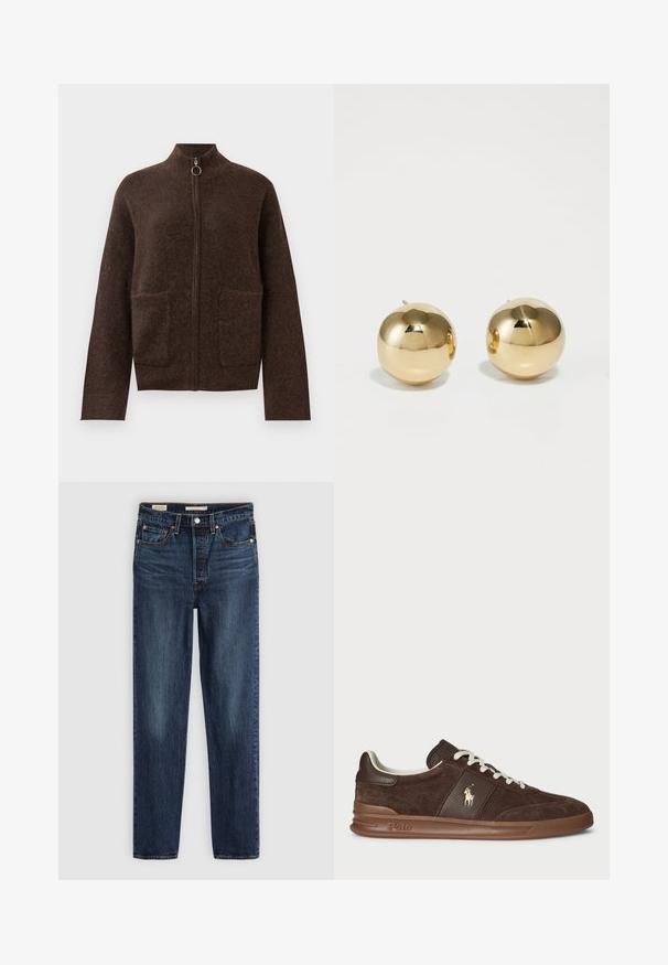 Temno rjav puhast zip-up kardigan z visokim ovratnikom, dvema sprednjima žepoma na obeh strane in dolgimi rokavi na belem ozadju.; Temno rjava bombažna majica s krožno izrezanim vratom, kratkimi rokavi in sproščenim krojem. Preprost dizajn brez vidnih vzorcev ali dodatkov.; Temno modri naravni kavbojke z ravnimi nogavicami, petimi žepi, zapenjanjem na gumb in zadrgo ter kontrastnim šivom.; Rjavi semiš športni copati z teksturiranimi paneli, belimi vezalkami in zlatim logotipom. Imajo gumijast podplat in oblazinjen ovratnik za udobje.; Zlati okrogli uhani s poliranim zaključkom in majhnim držalom. Imajo gladko teksturo in odsevno površino.
