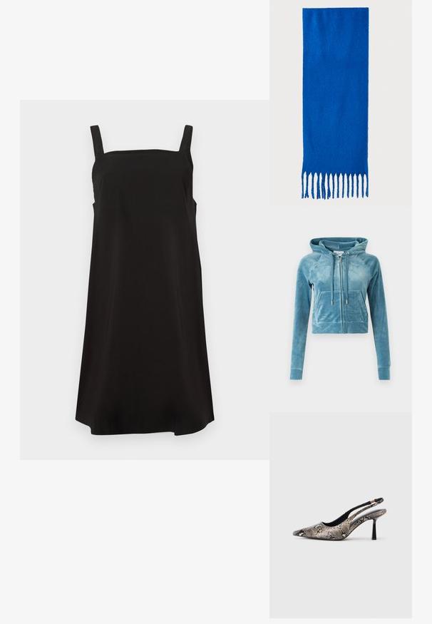 Sweatshirt cropped com capuz em veludo teal suave. Apresenta um fecho frontal, dois bolsos frontais e capuz com cordão e acabamentos em prata.; Vestido preto sem mangas com decote quadrado, feito de um tecido suave, apresentando um corte solto e reto. Sem padrões ou fechos visíveis.; Sapatos slingback de bico fino feitos de material texturizado com padrão de cobra, apresentando um salto preto esguio e um design recortado nas laterais.; Cachecol azul com franjas, feito de tecido macio; apresenta uma cor sólida com uma superfície texturizada e franjas cortadas de forma uniforme na parte inferior.; Bolsa de ombro de couro preta com forma arredondada, acabamento brilhante e ferragens prateadas. Pessoa vestindo calças largas pretas e mocassins com tachas.