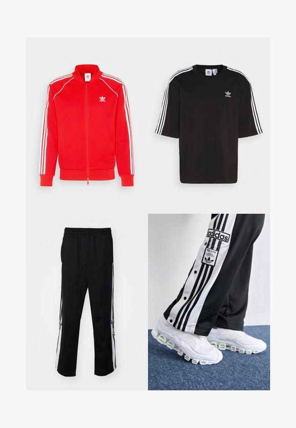 Red zip-up jacket made of smooth fabric featuring white three-stripe accents along the shoulders and sleeves, with a small logo on the chest.; Black short-sleeve T-shirt made of cotton, featuring white three-stripe accents on shoulders and an embroidered Adidas logo on the chest.; Black athletic pants made of smooth fabric, featuring white side stripes and an elastic waistband for comfort. No notable details or patterns.; Adidas track pants in black and white with three stripes and snap buttons, paired with white sneakers featuring a thick, tubular sole.