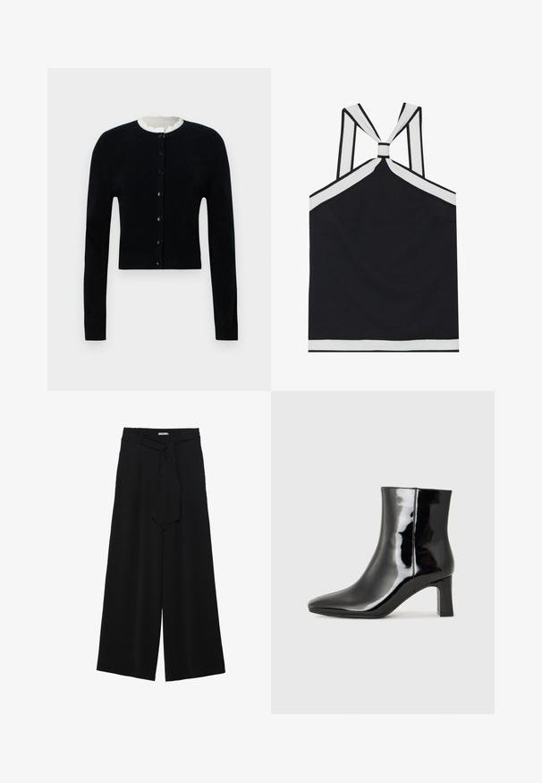 Melnā džemperis ar apaļu kaklu, garām piedurknēm un priekšā ar pogu aizdari. Raksturīgs teksturēts krēma krāsas oderējums ap kaklu.; Melnā halter tops ar baltām akcentiem, ar mezglu aizmugurē, teksturētu apdari un pieguļošu siluetu. Vienkārša un moderna.; Melni platleņķa bikses ar teksturētu audumu, elastīgu jostu un noņemamu siksnu viduklī, kas nodrošina regulējamu piegulšanu.; Melnas patentētas ādas potīšu zābaki ar norādītu pirkstu un vidēja augstuma kvadrātveida papēdi. Gluda tekstūra un minimālisma dizains.